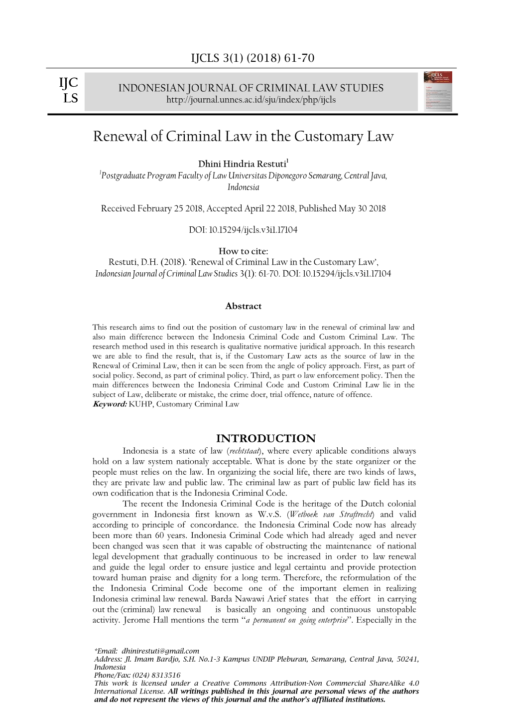 Renewal of Criminal Law in the Customary Law …