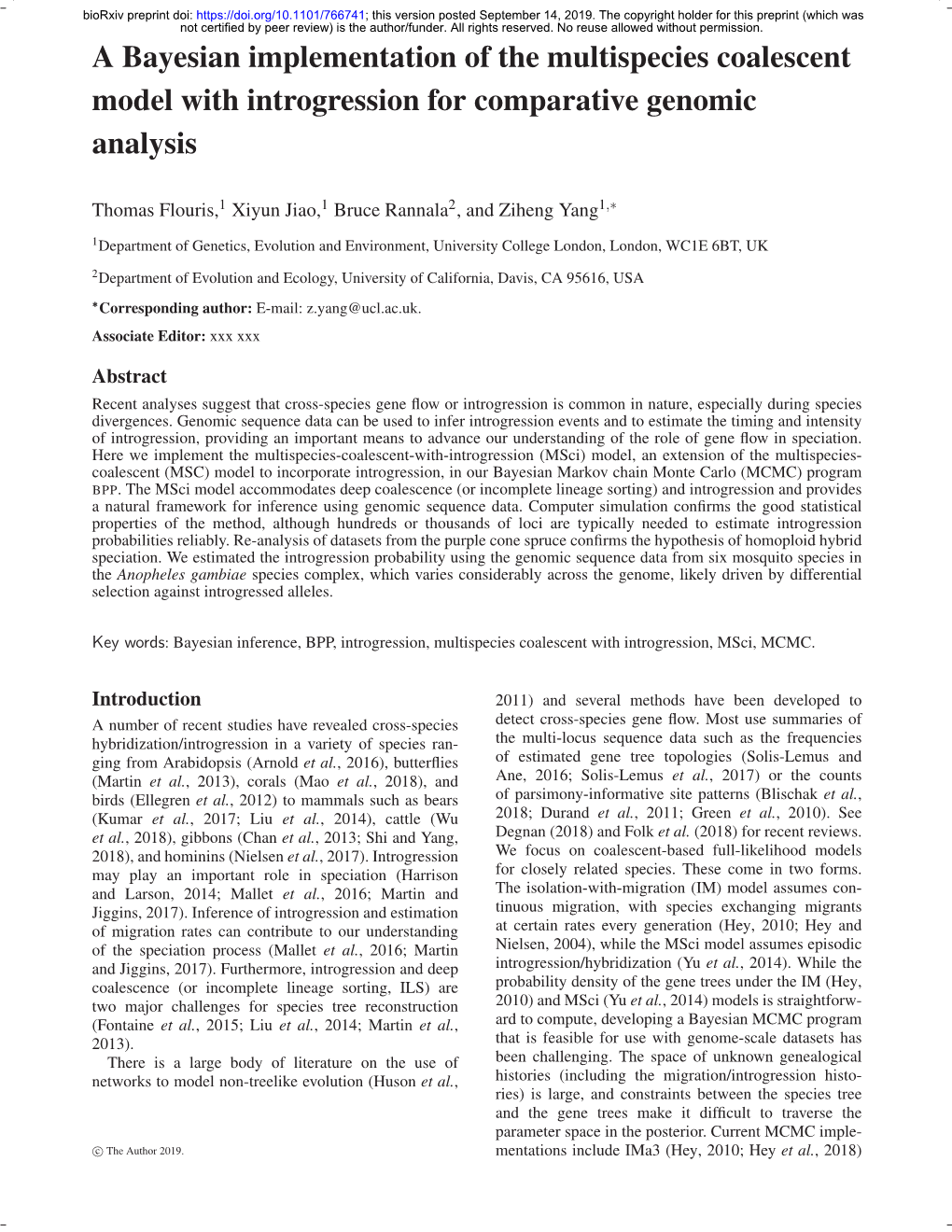 A Bayesian Implementation of the Multispecies Coalescent Model with Introgression for Comparative Genomic Analysis