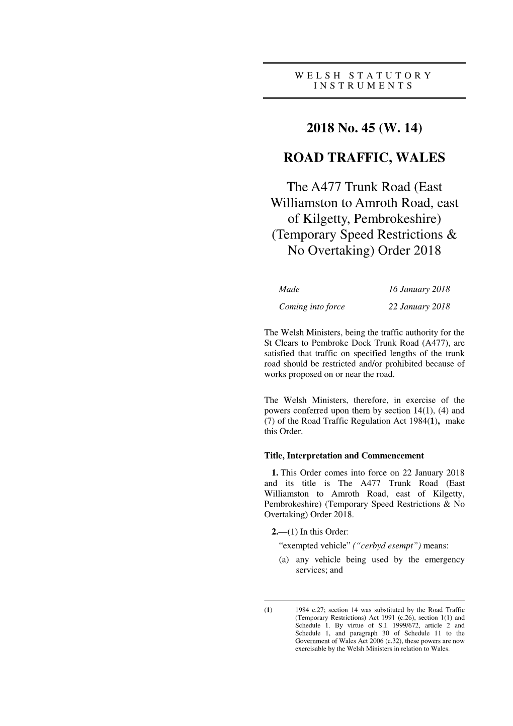 East Williamston to Amroth Road, East of Kilgetty, Pembrokeshire) (Temporary Speed Restrictions & No Overtaking) Order 2018