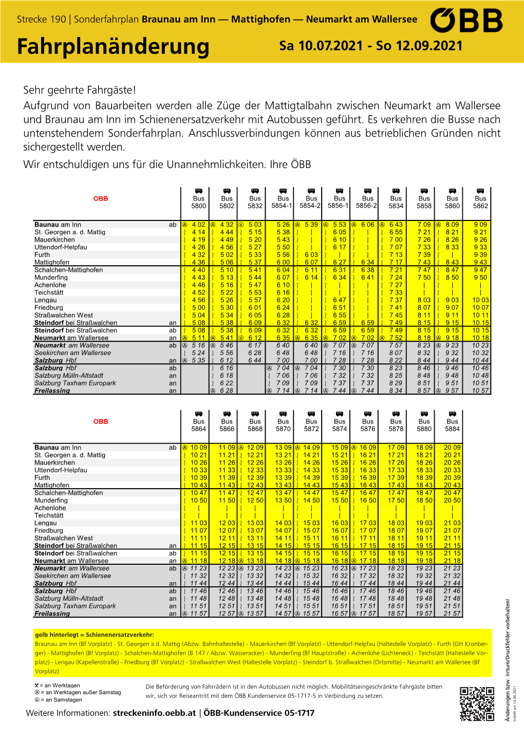 Mattighofen — Neumarkt Am Wallersee Fahrplanänderung Sa 10.07.2021 - So 12.09.2021