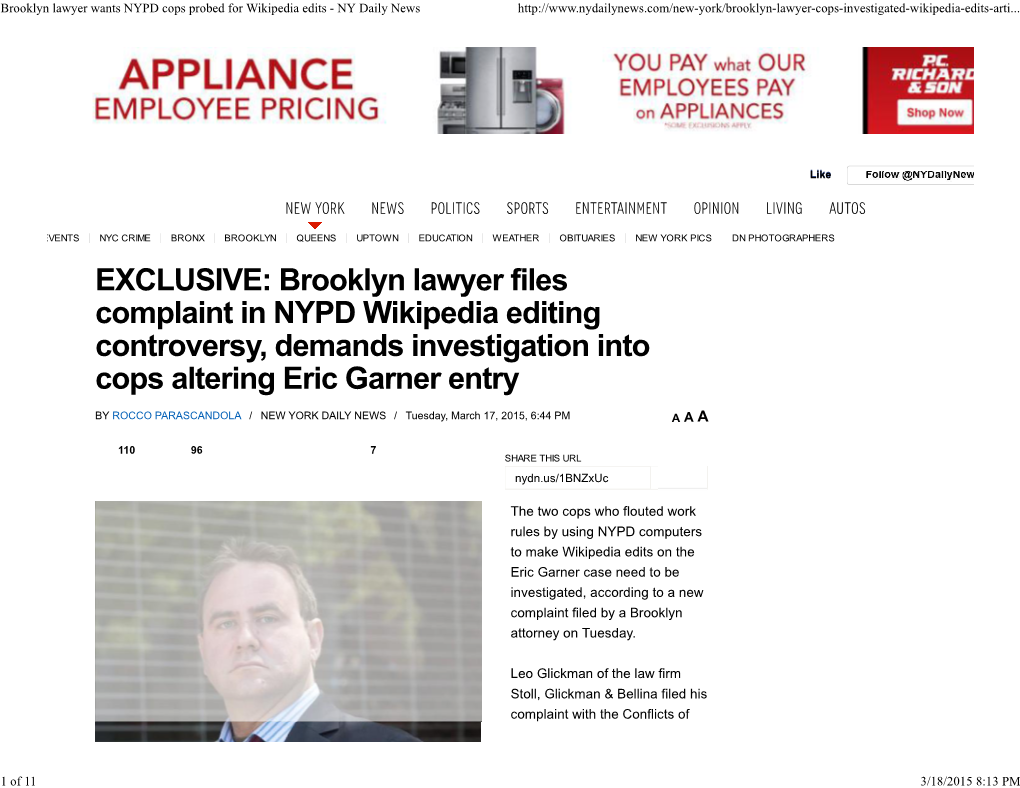 Brooklyn Lawyer Files Complaint in NYPD Wikipedia Editing Controversy, Demands Investigation Into Cops Altering Eric Garner Entry