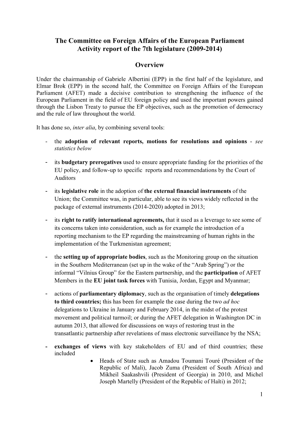 The Committee on Foreign Affairs of the European Parliament Activity Report of the 7Th Legislature (2009-2014)