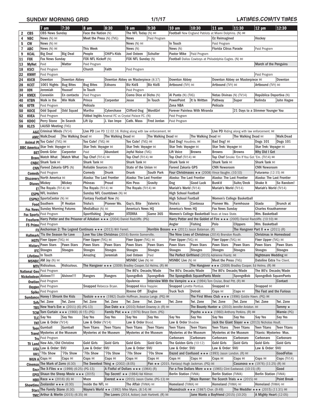 Sunday Morning Grid 1/1/17 Latimes.Com/Tv Times