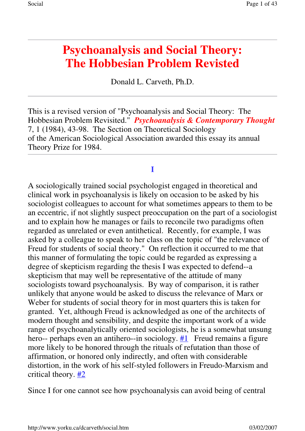 Psychoanalysis and Social Theory: the Hobbesian Problem Revisted