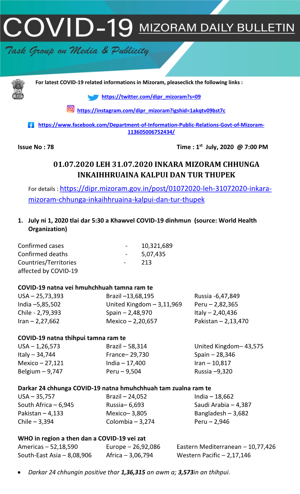 01.07.2020 Leh 31.07.2020 Inkara Mizoram Chhunga Inkaihhruaina Kalpui Dan Tur Thupek