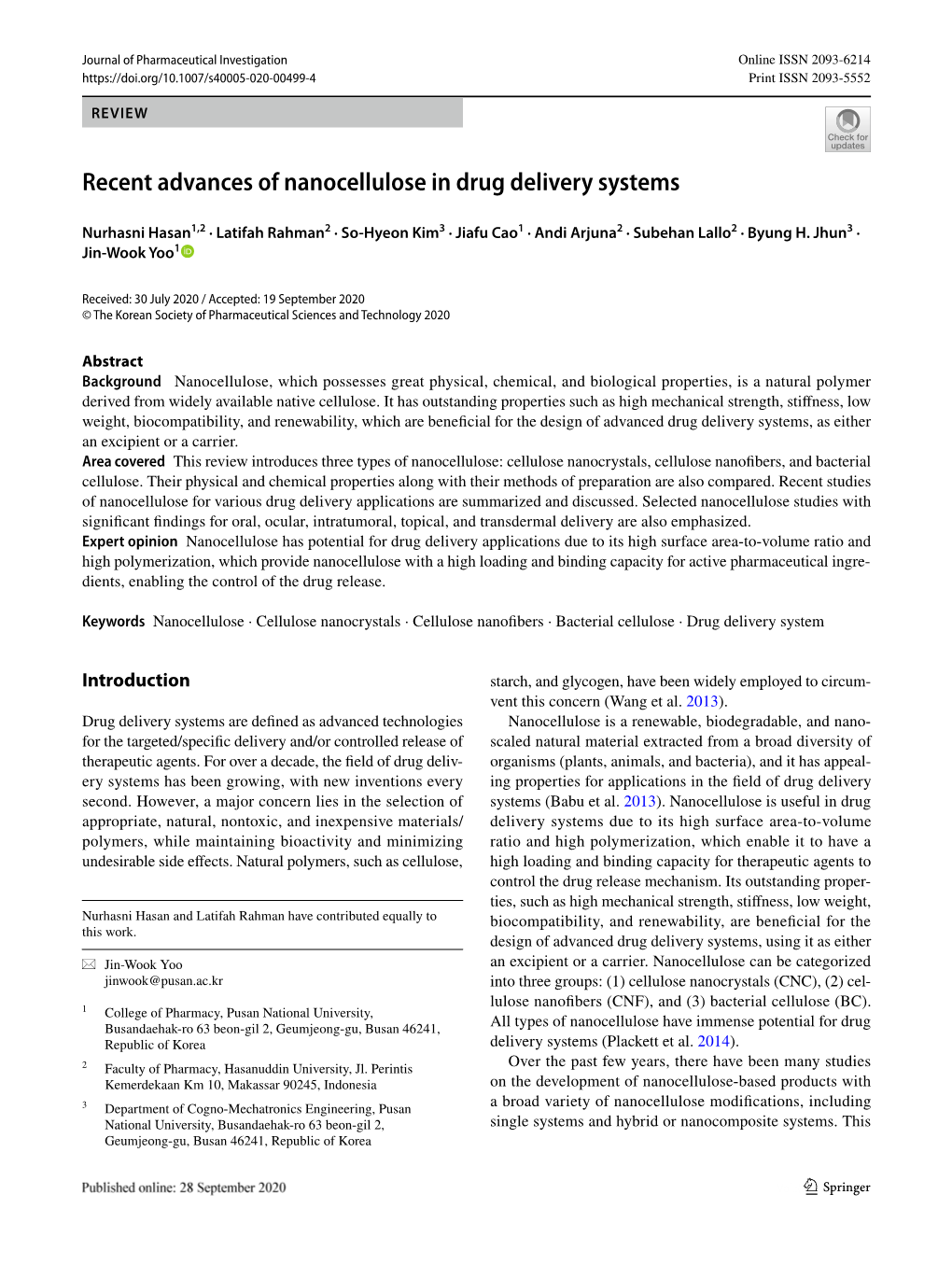 Recent Advances of Nanocellulose in Drug Delivery Systems