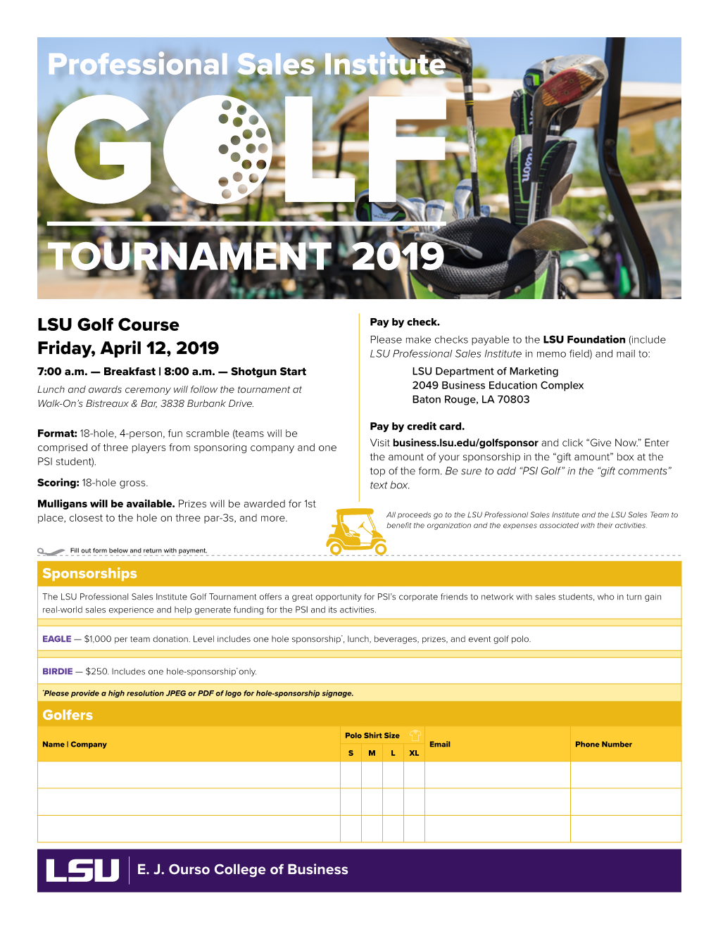 Professional Sales Institute Golf Tournament 2019 Entry Form