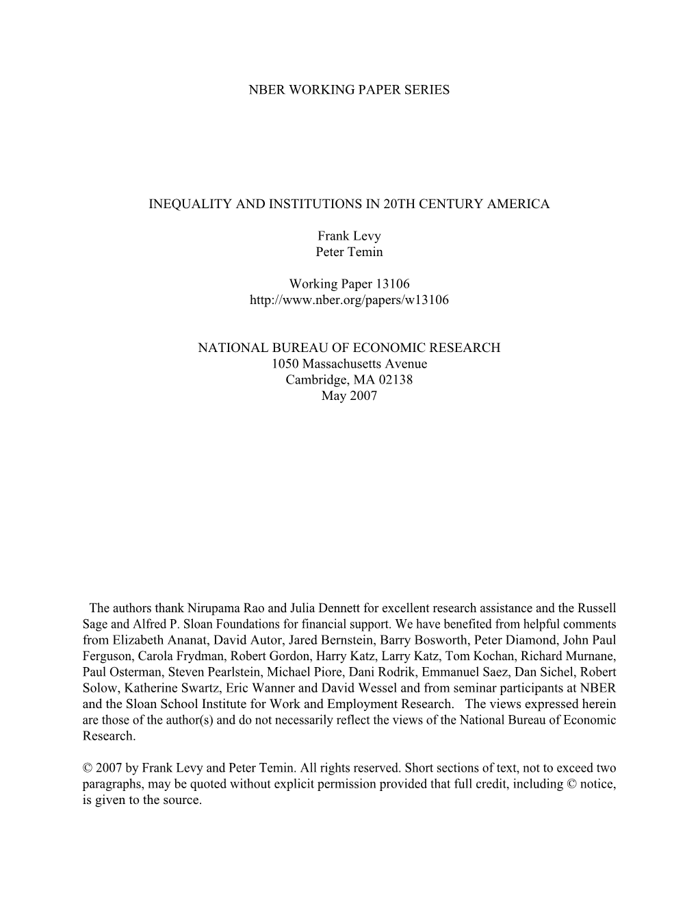 Inequality and Institutions in 20Th Century America