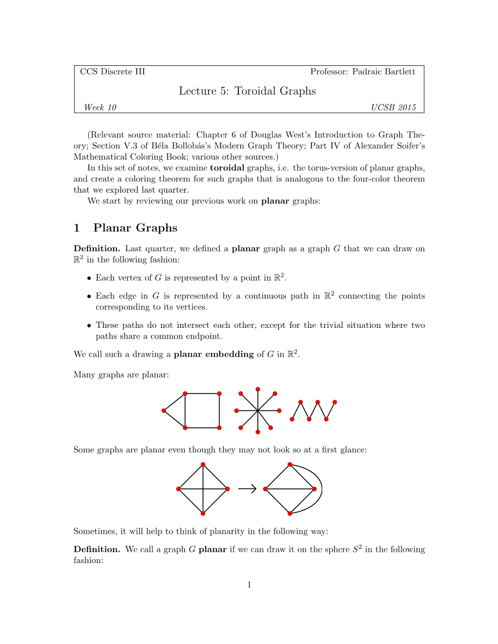 Toroidal Graphs 1 Planar Graphs