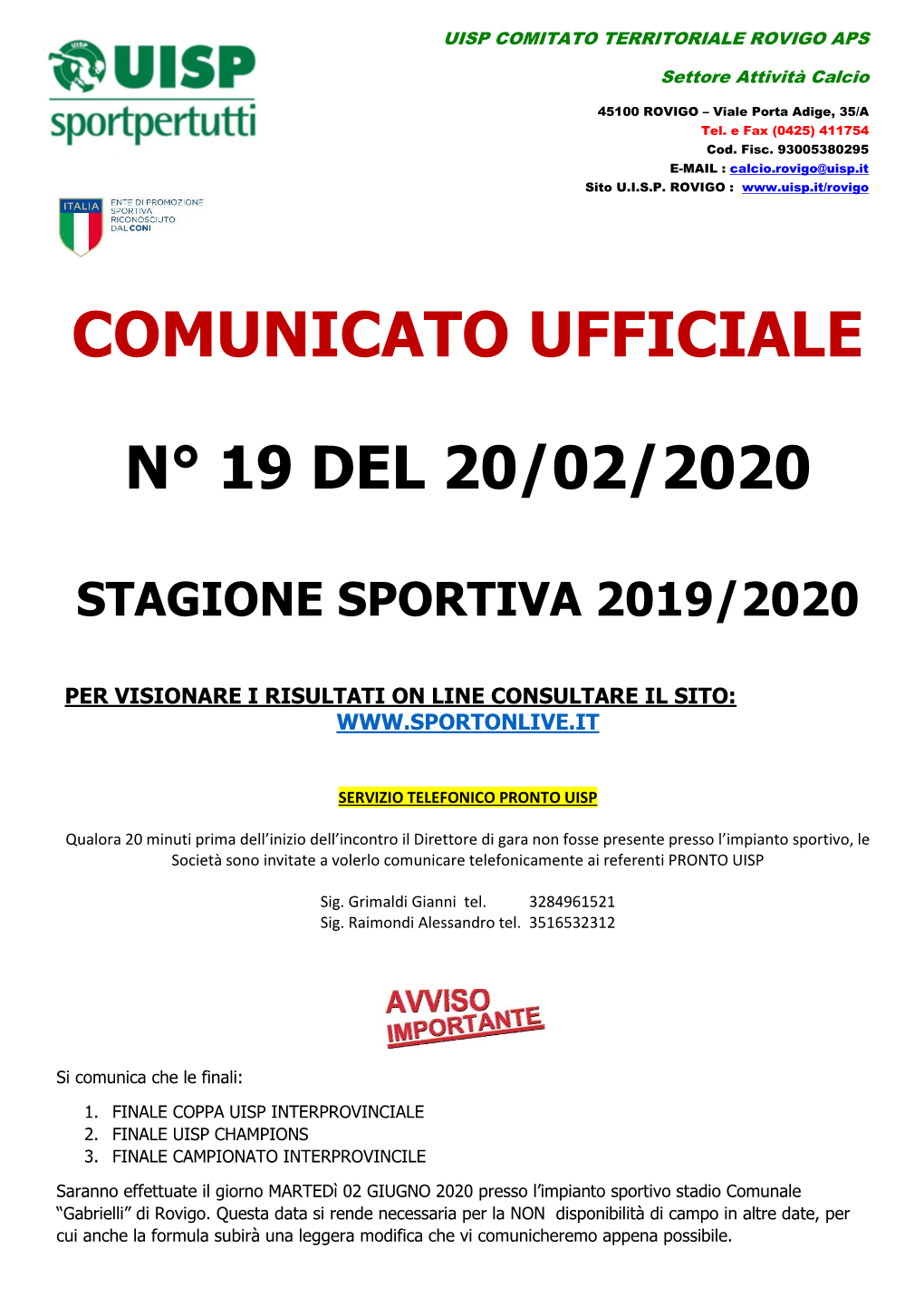 Comunicato Ufficiale 19 Del 20.02.2020