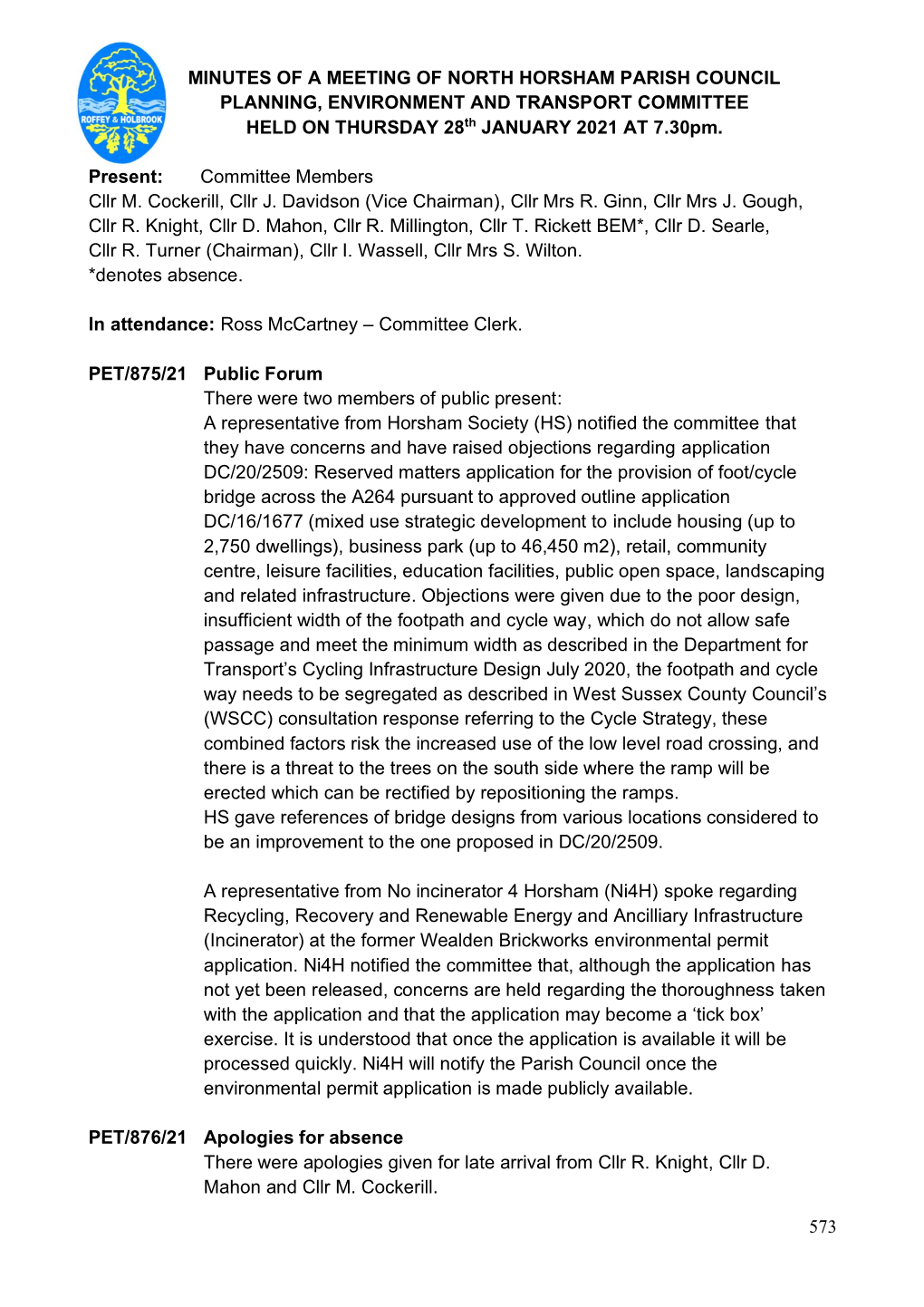 573 Minutes of a Meeting of North Horsham Parish