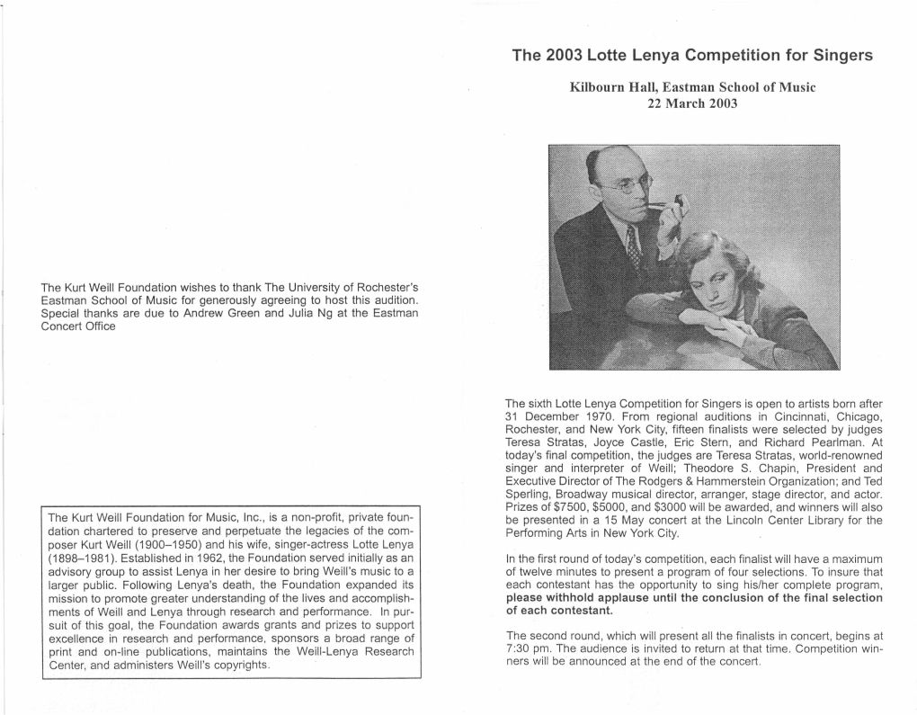 The 2003 Lotte Lenya Competition for Singers