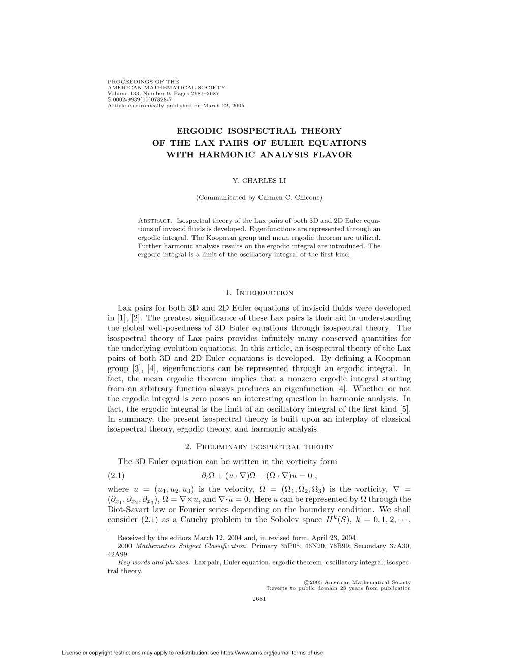 Ergodic Isospectral Theory of the Lax Pairs of Euler Equations with Harmonic Analysis Flavor