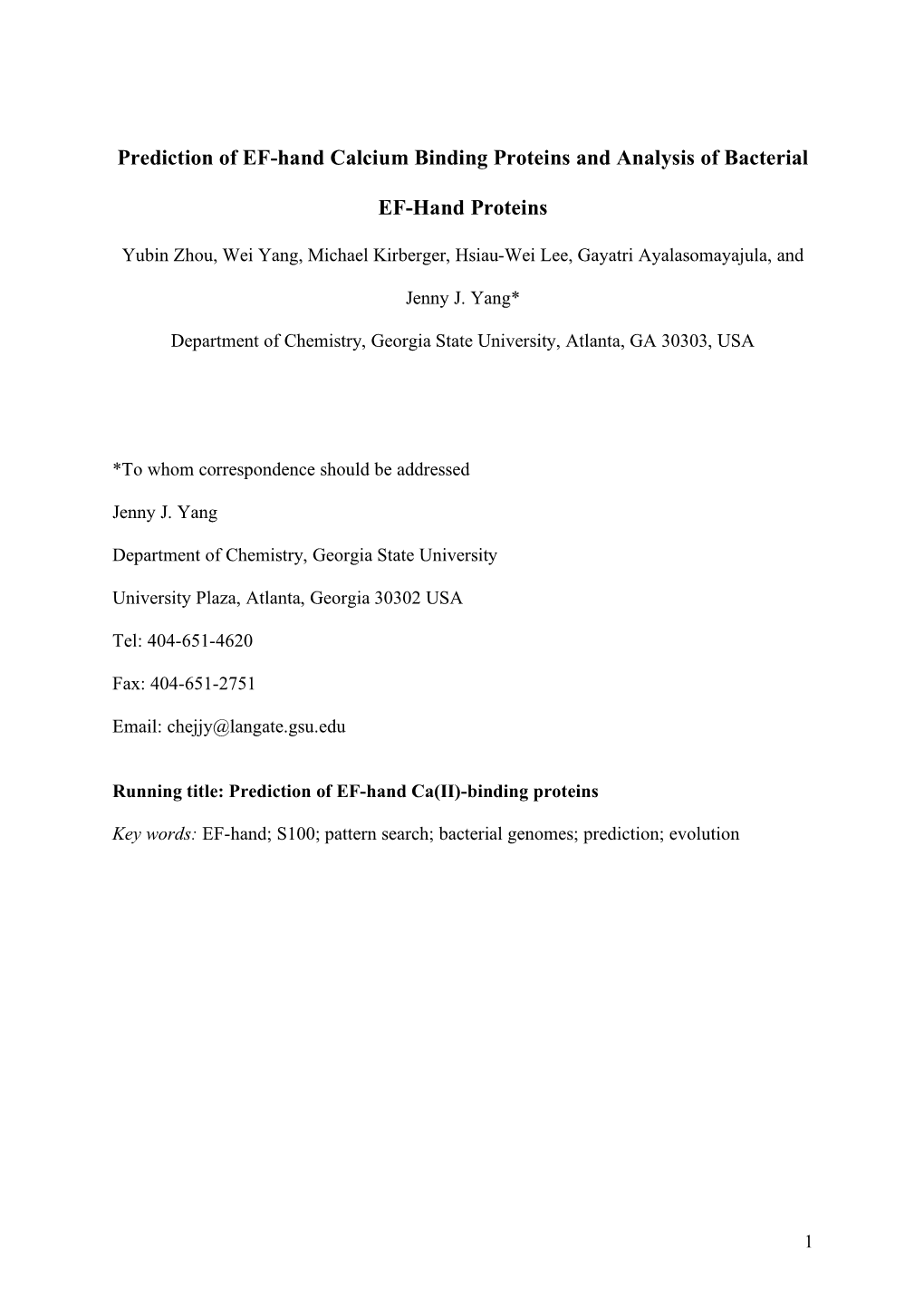 Prediction of EF-Hand Calcium Binding Proteins and Analysis of Bacterial EF-Hand Proteins