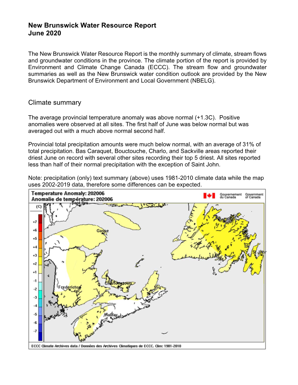 New Brunswick Water Resource Report June 2020 Climate Summary