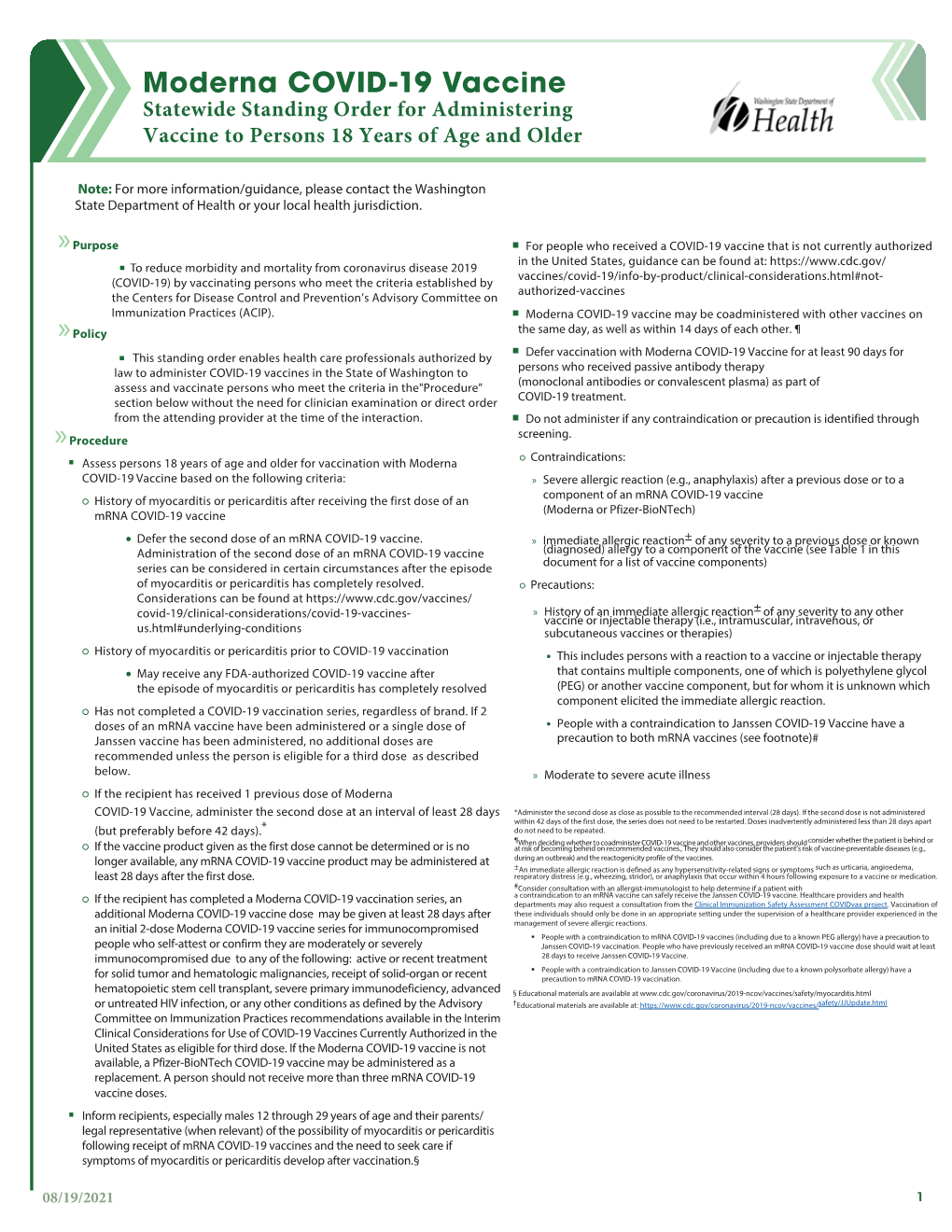 Moderna COVID-19 Vaccine: Standing Orders for Administering