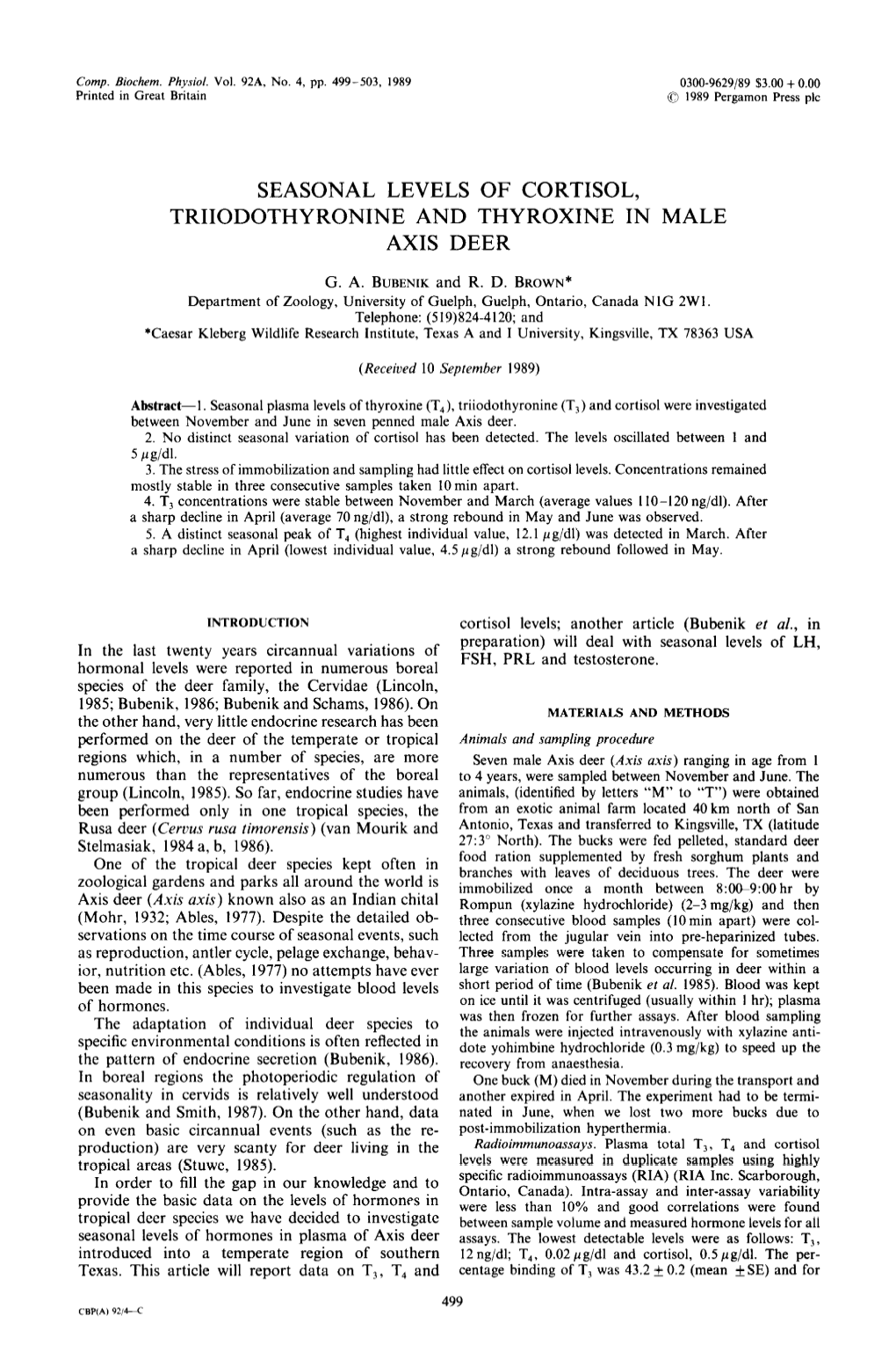 Seasonal Levels of Cortisol, Triiodothyronine and Thyroxine in Male Axis Deer