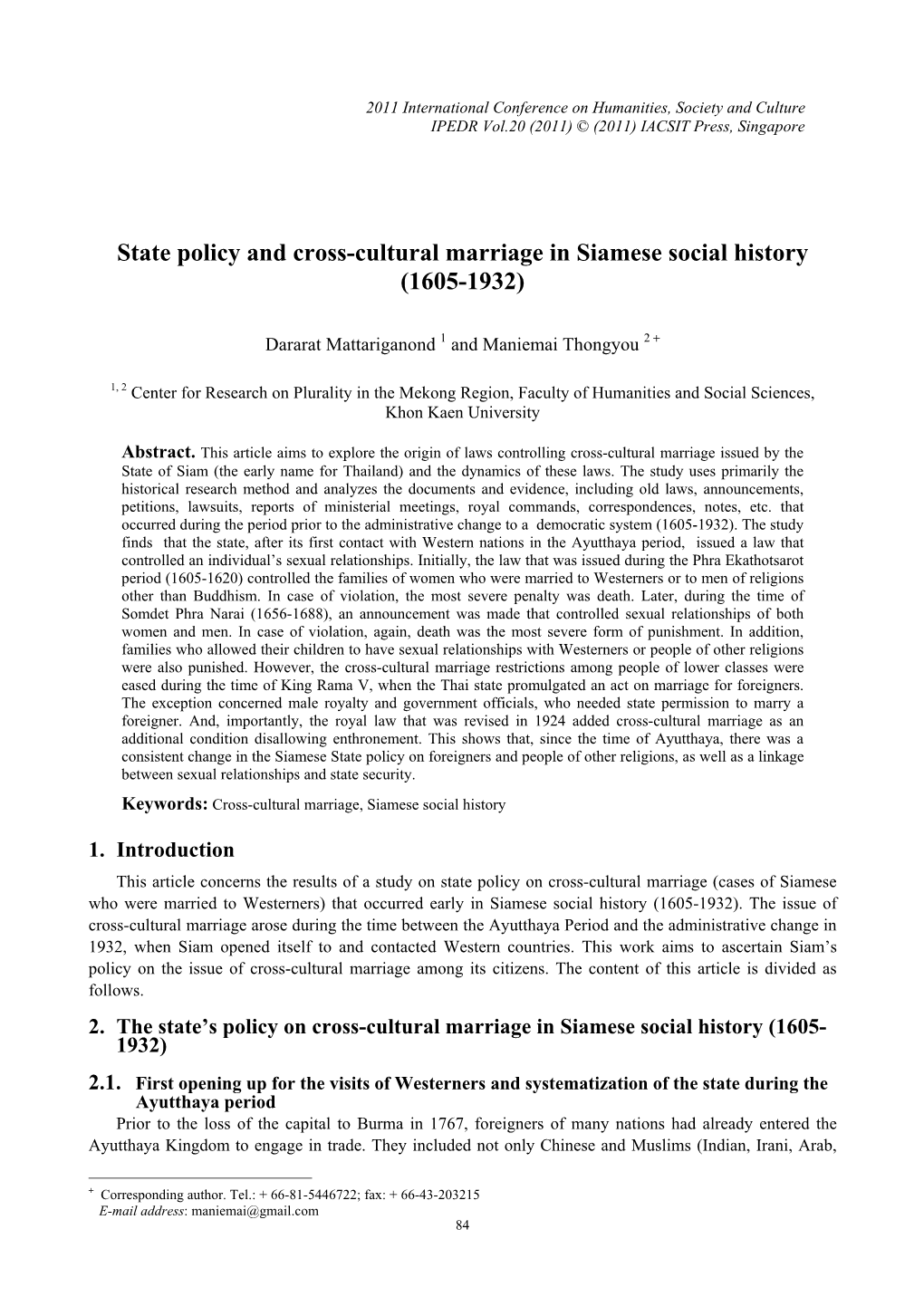 State Policy and Cross-Cultural Marriage in Siamese Social History (1605-1932)