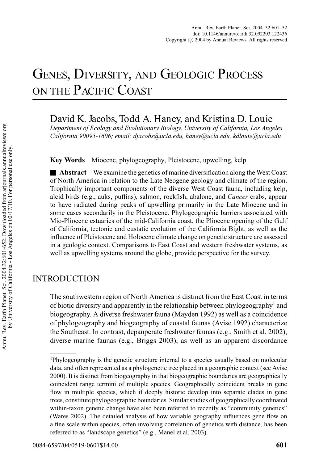 GENES, DIVERSITY, and GEOLOGIC PROCESS on the PACIFIC COAST, David K