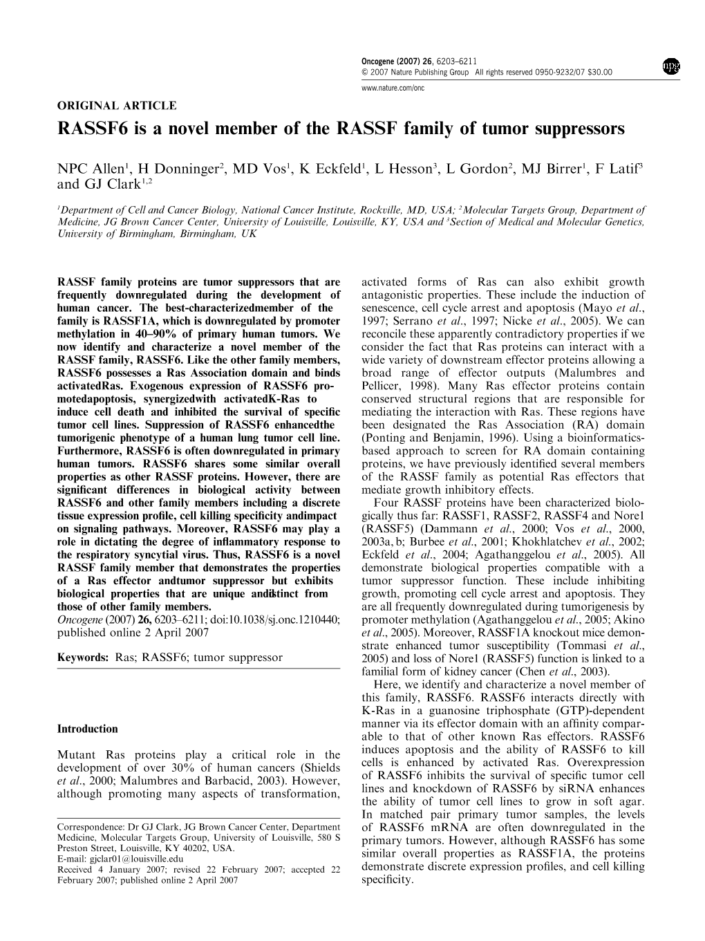 RASSF6 Is a Novel Member of the RASSF Family of Tumor Suppressors