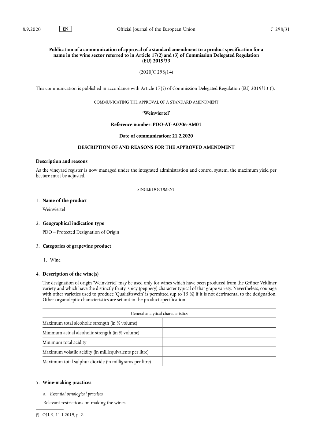 Publication of a Communication of Approval of a Standard Amendment