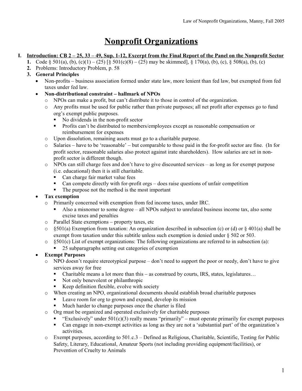 Law of Nonprofit Organizations, Manny, Fall 2005