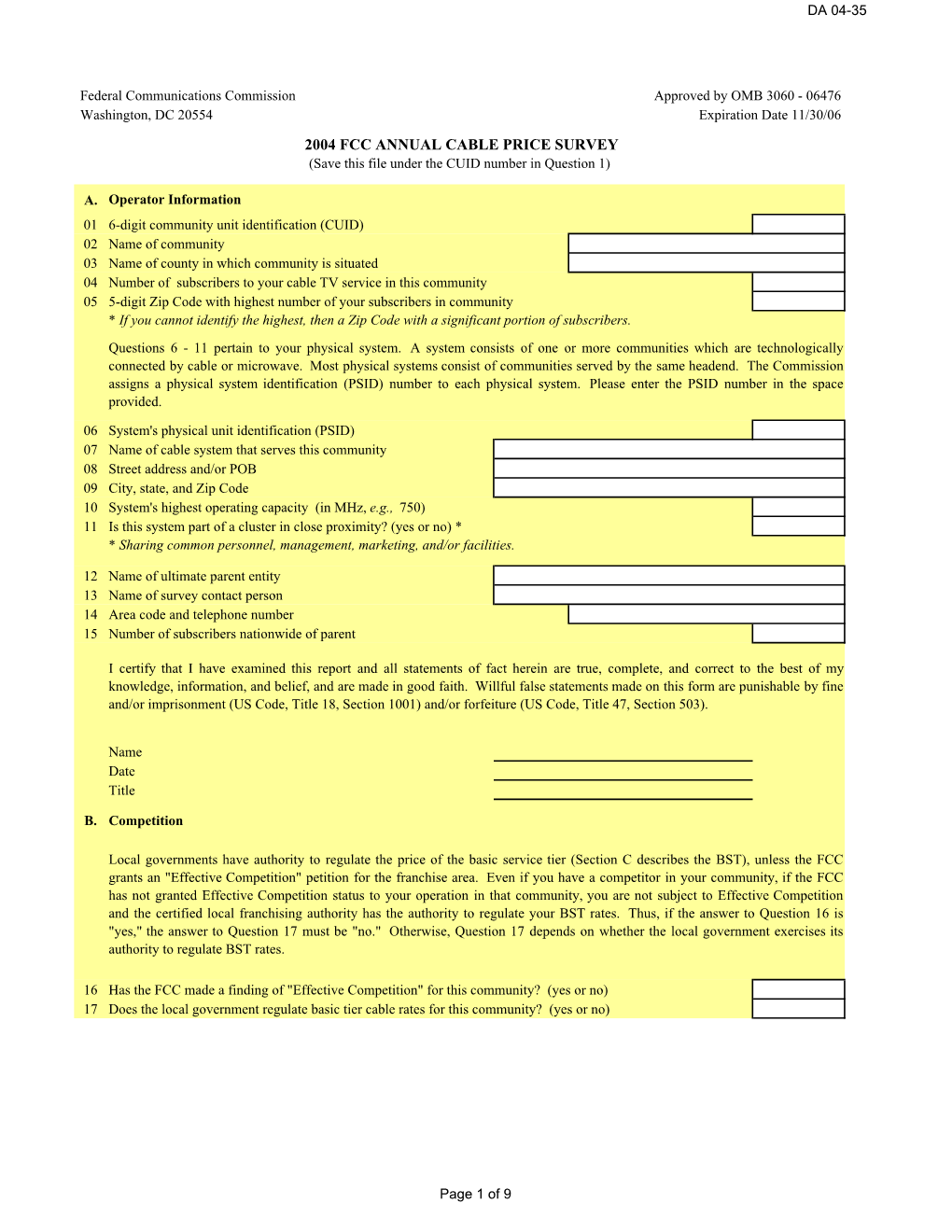 2004 FCC ANNUAL CABLE PRICE SURVEY (Save This File Under the CUID Number in Question 1)