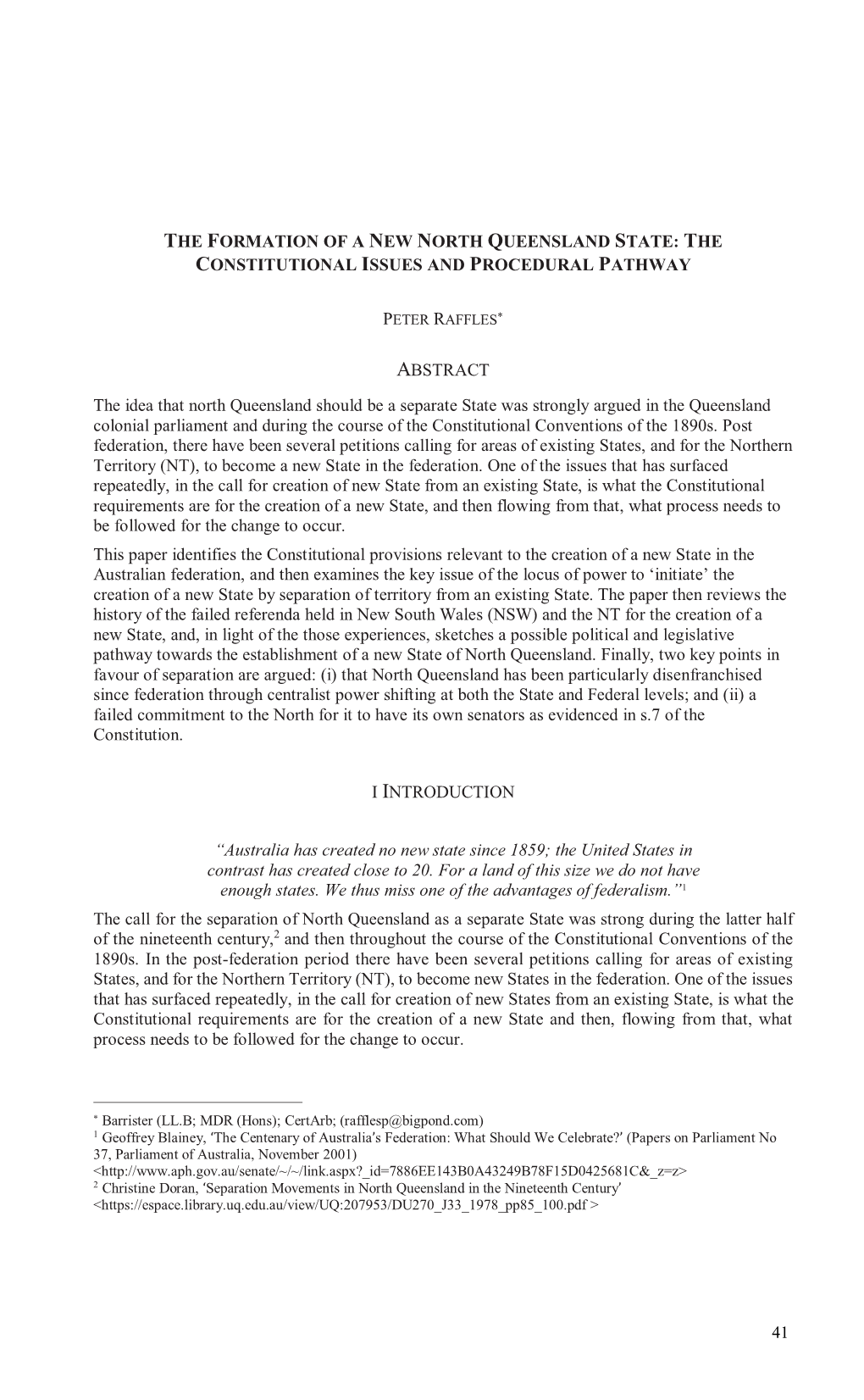 The Formation of a New North Queensland State: the Constitutional Issues and Procedural Pathway