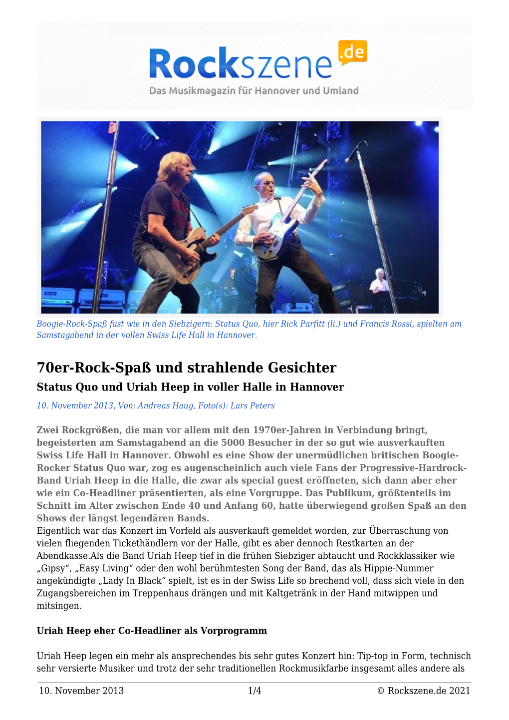 70Er-Rock-Spaß Und Strahlende Gesichter Status Quo Und Uriah Heep in Voller Halle in Hannover