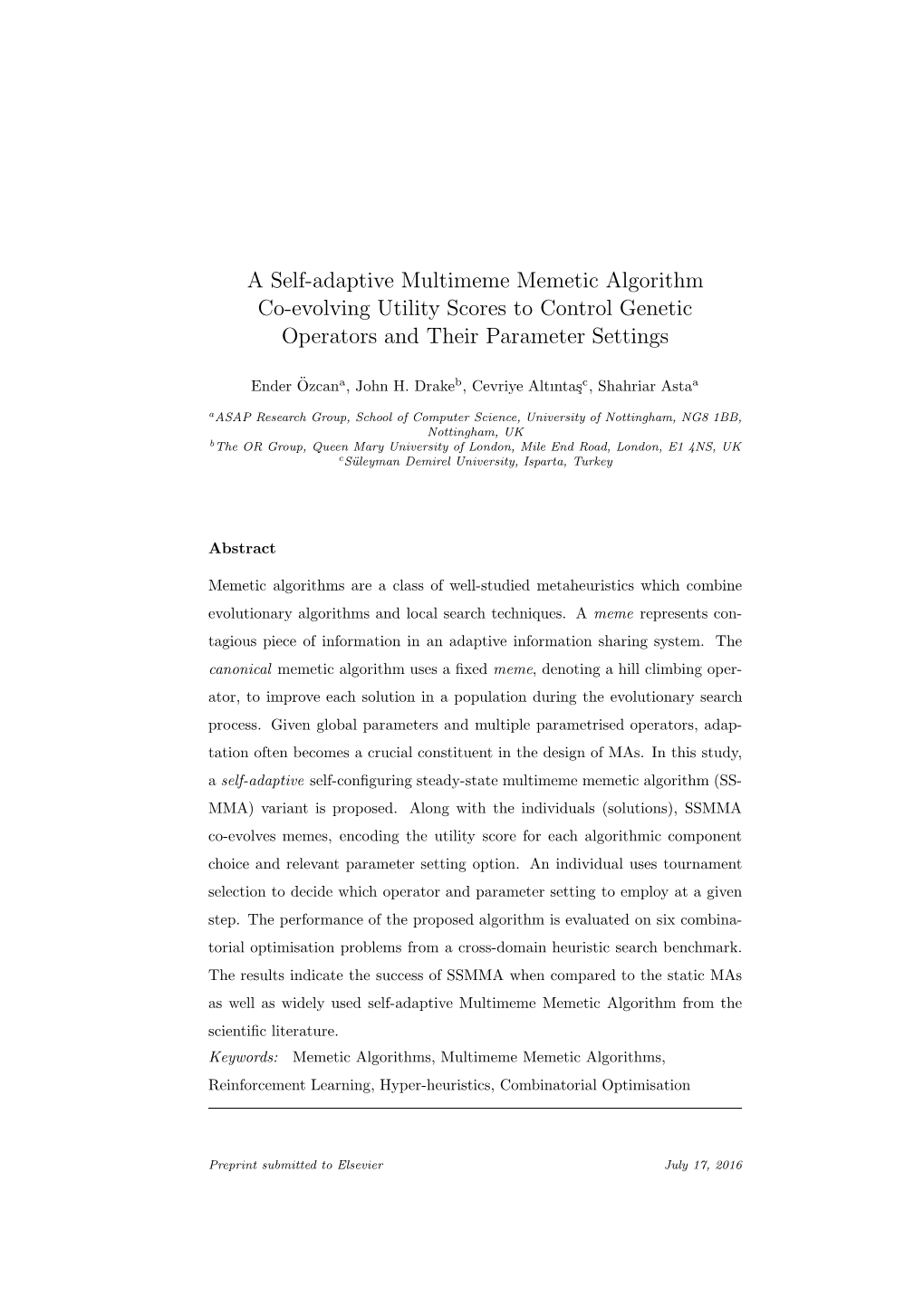 A Self-Adaptive Multimeme Memetic Algorithm Co-Evolving Utility Scores to Control Genetic Operators and Their Parameter Settings