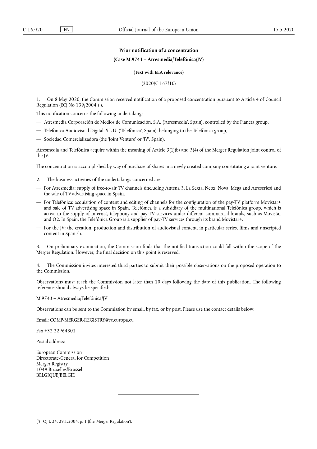 Case M.9743 – Atresmedia/Telefónica/JV)