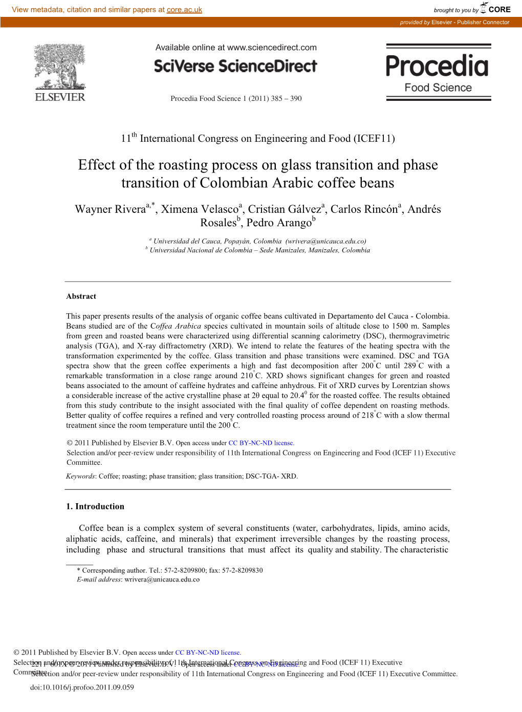 Effect of the Roasting Process on Glass Transition and Phase Transition of Colombian Arabic Coffee Beans