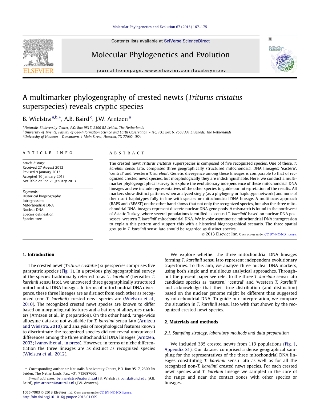 A Multimarker Phylogeography of Crested Newts (Triturus Cristatus Superspecies) Reveals Cryptic Species ⇑ B