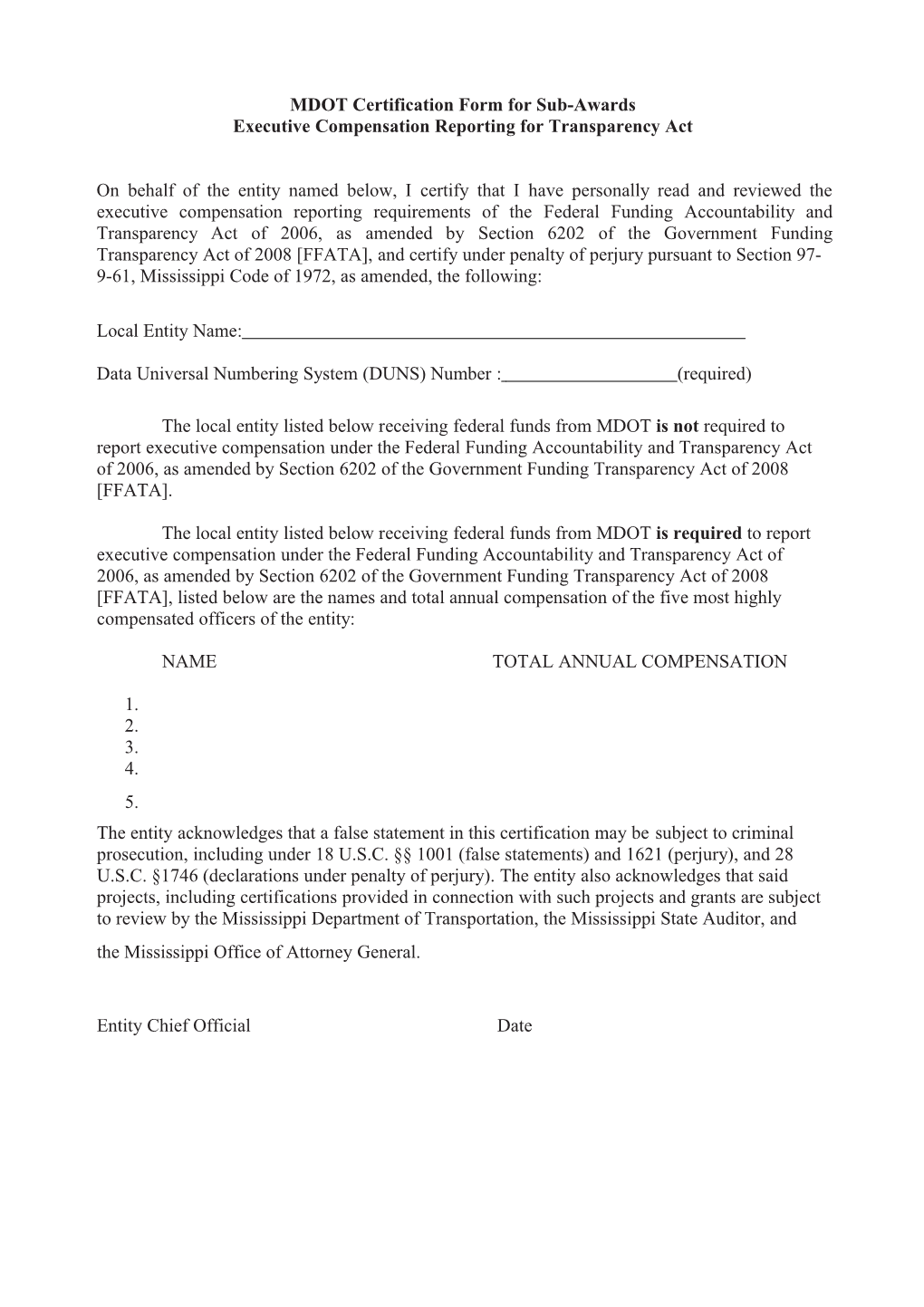 MDOT Certification Form for Sub-Awards