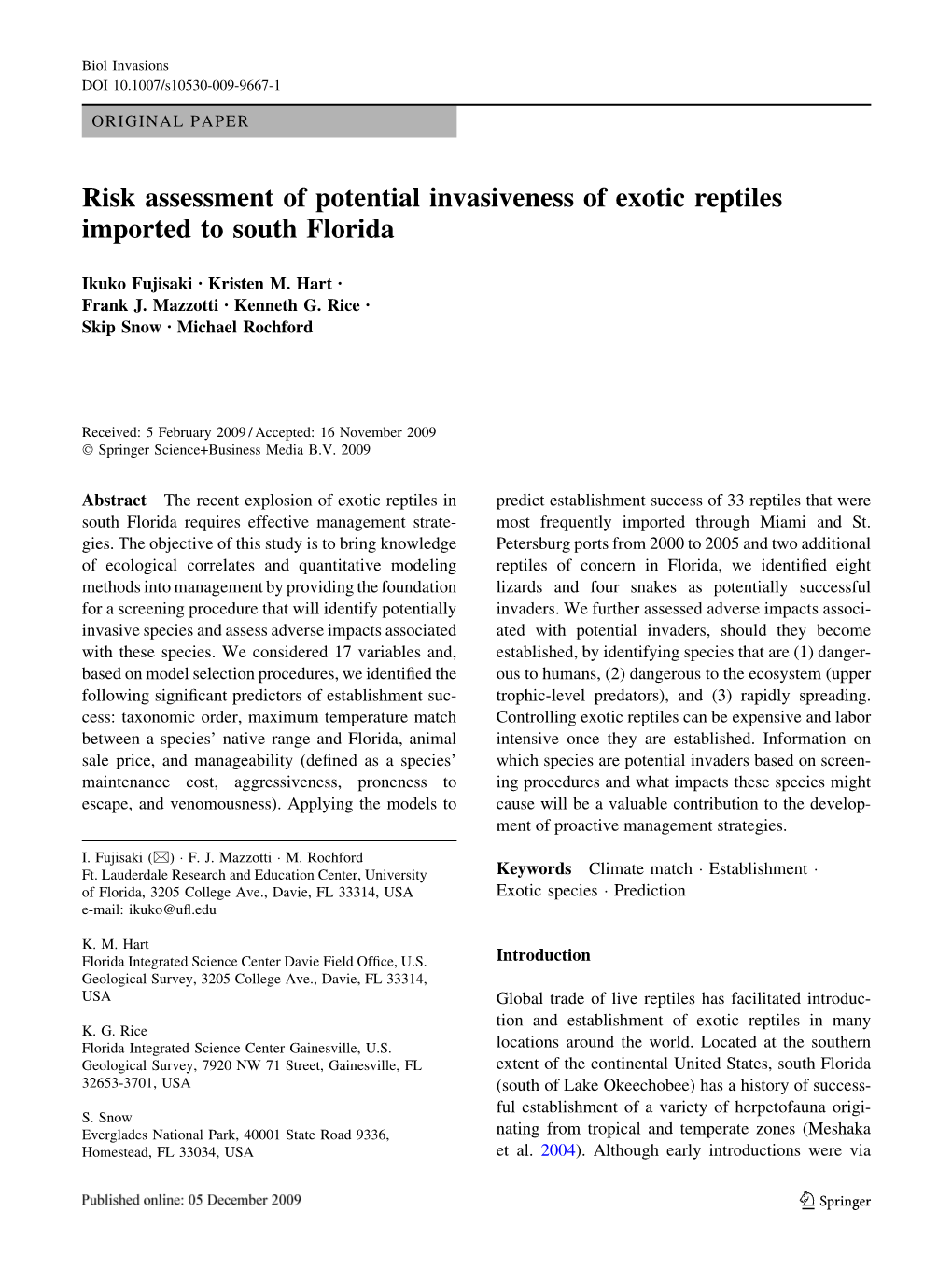 Risk Assessment of Potential Invasiveness of Exotic Reptiles Imported to South Florida