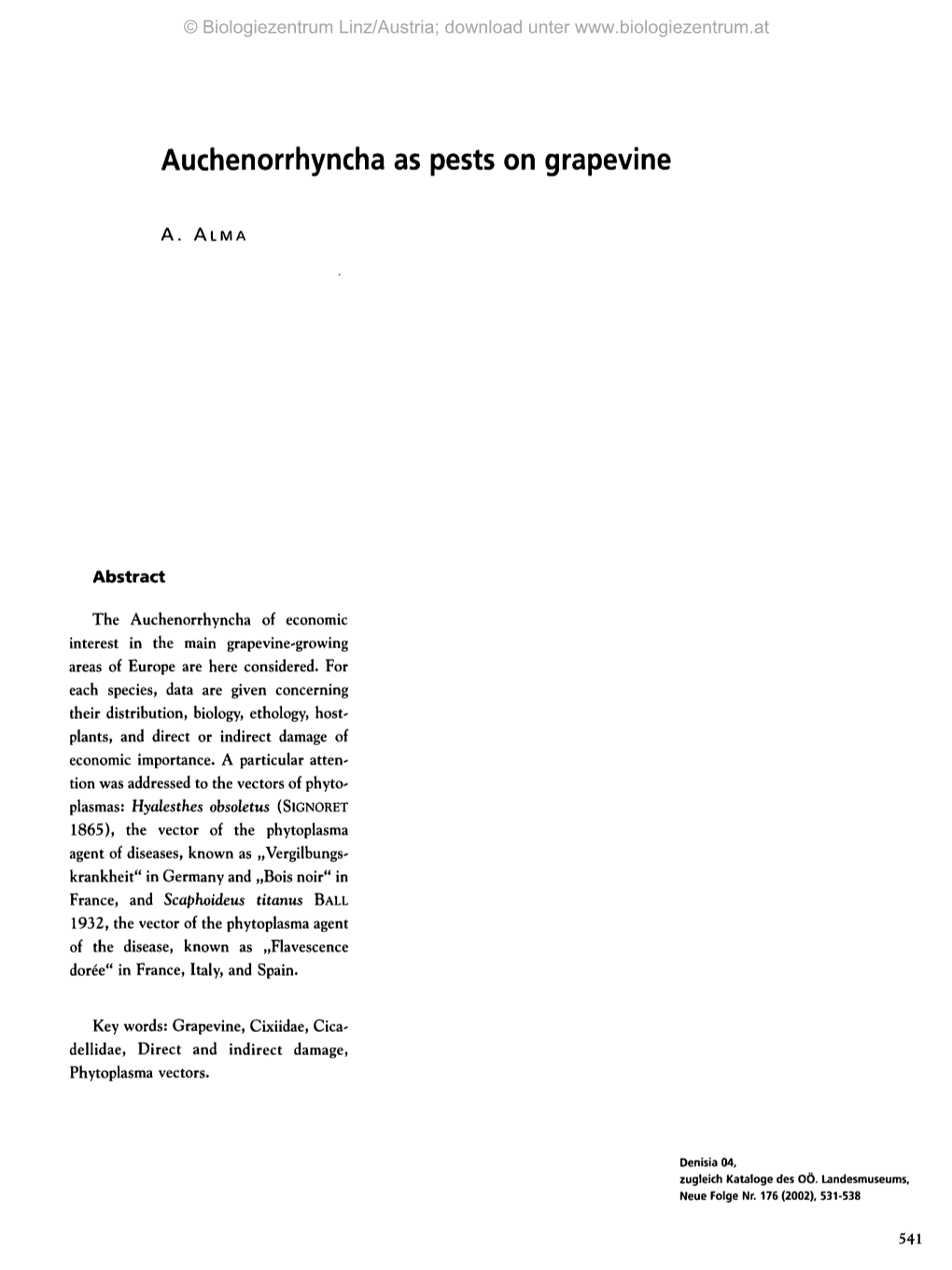 Auchenorrhyncha As Pests on Grapevine