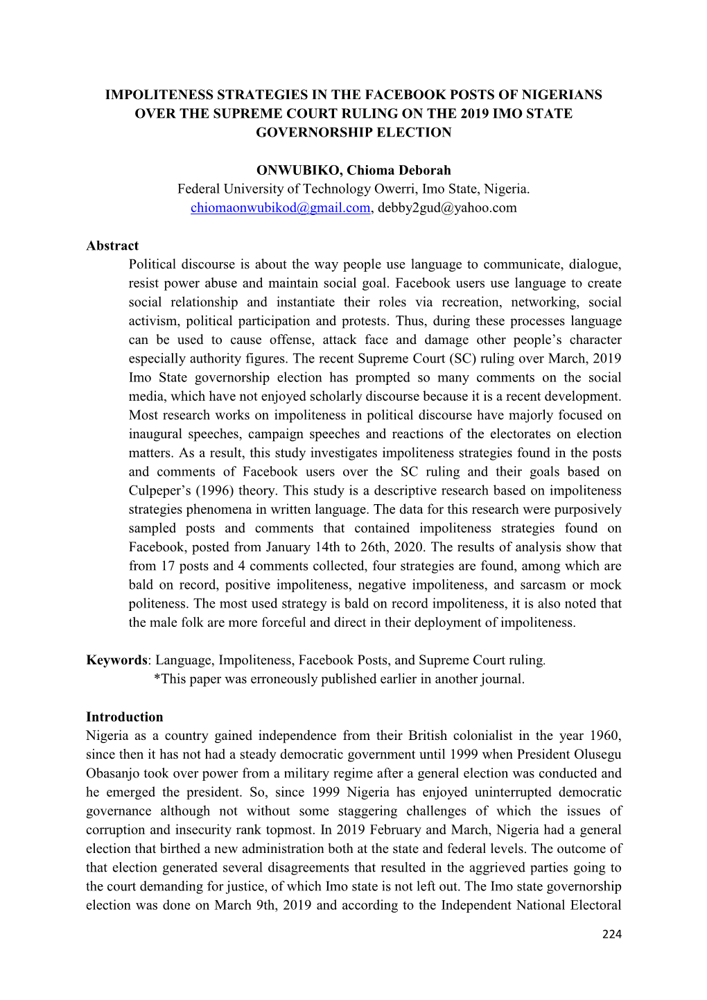 Impoliteness Strategies in the Facebook Posts of Nigerians Over the Supreme Court Ruling on the 2019 Imo State Governorship Election