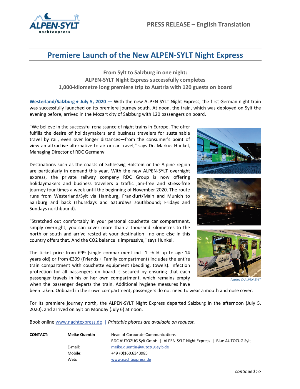 Premiere Launch of the New ALPEN-SYLT Night Express