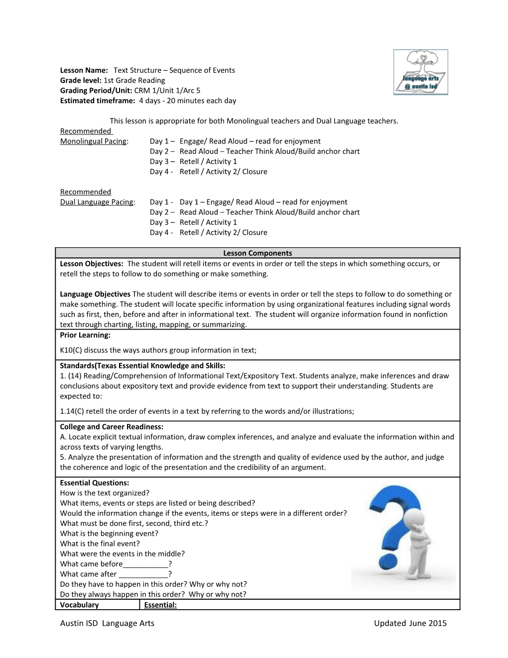 Lesson Name: Text Structure Sequence of Events