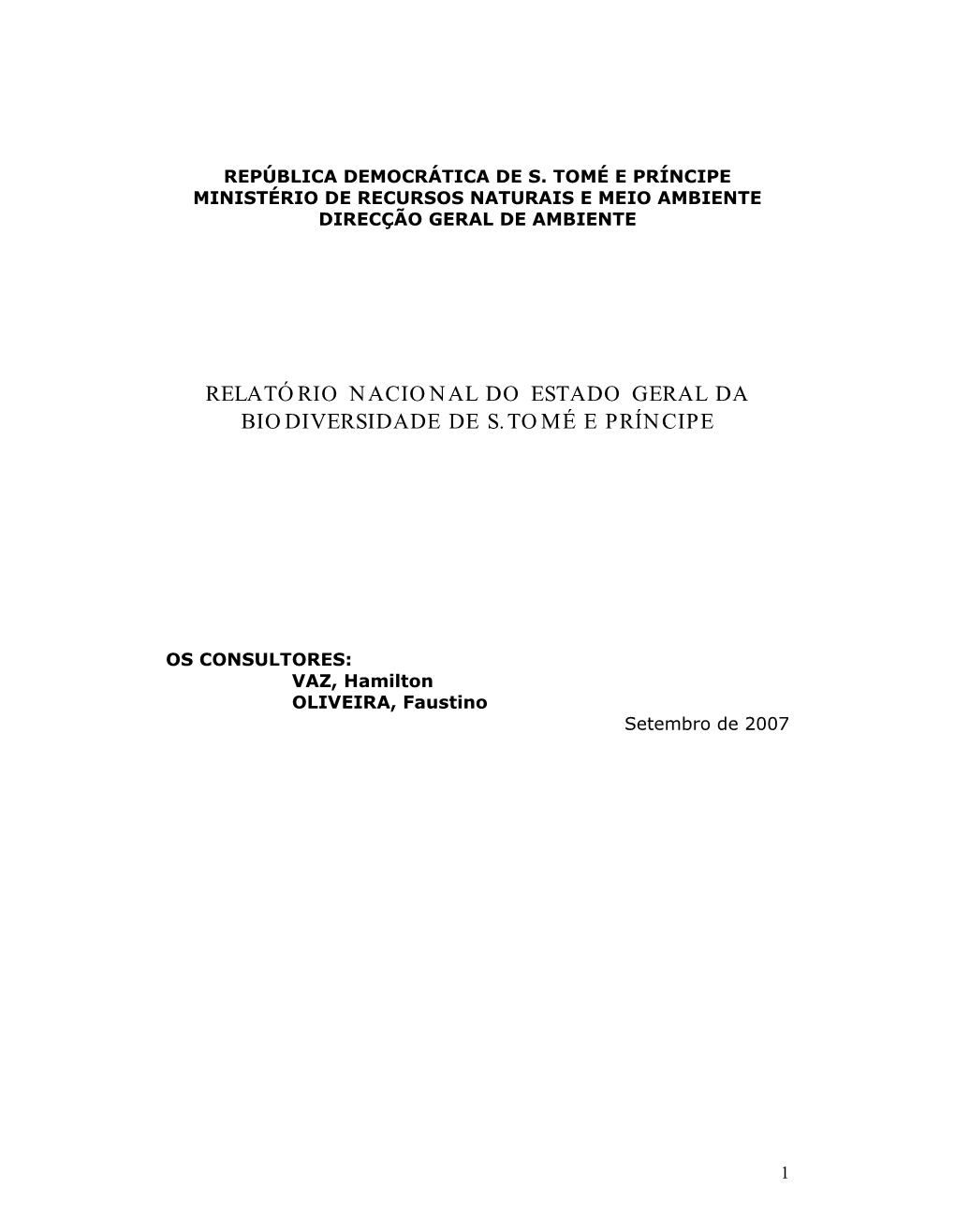 Relatório Nacional Do Estado Geral Da Biodiversidade De S.Tomé E Príncipe