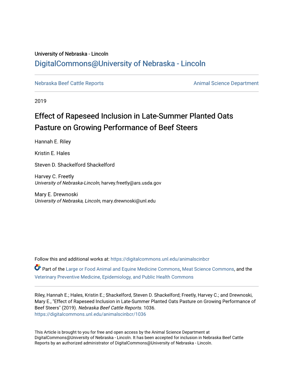 Effect of Rapeseed Inclusion in Late-Summer Planted Oats Pasture on Growing Performance of Beef Steers