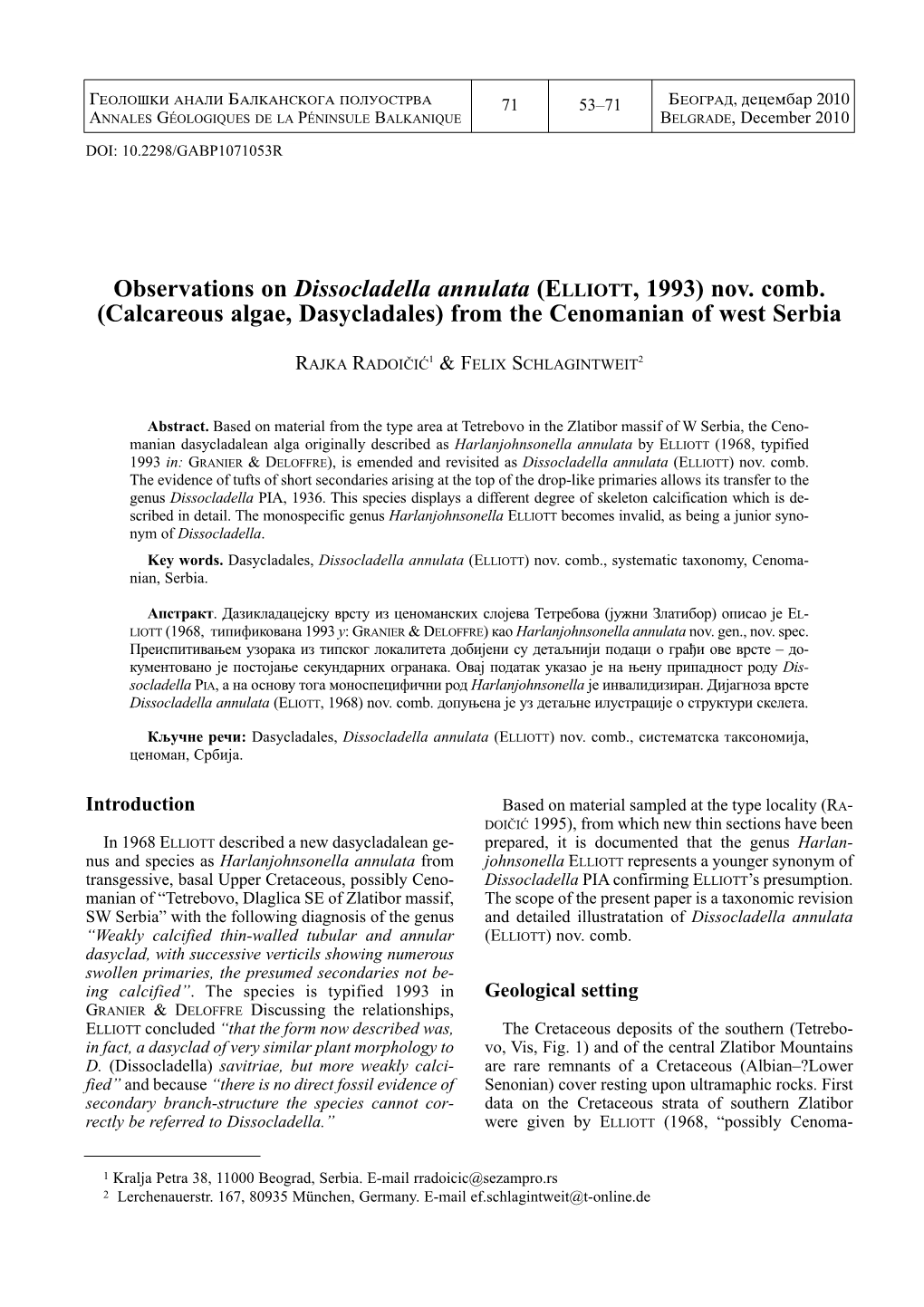 Observations on Dissocladella Annulata (Elliott, 1993 Nov. Comb