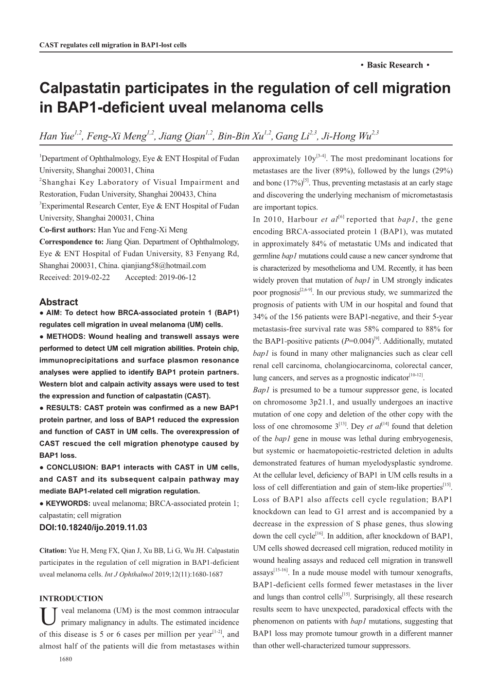 Calpastatin Participates in the Regulation of Cell Migration in BAP1-Deficient Uveal Melanoma Cells