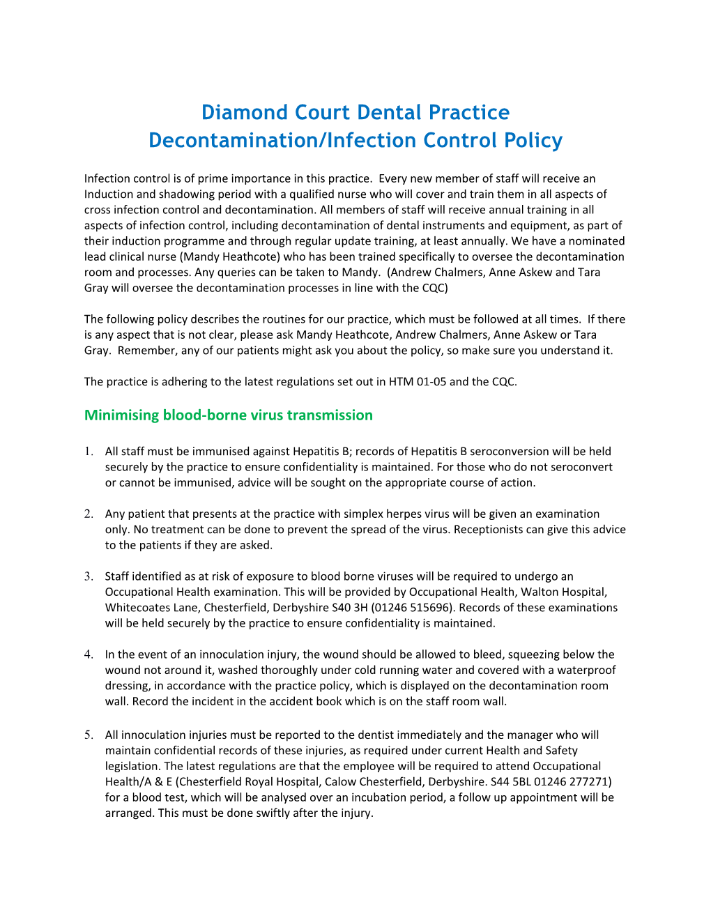 Diamond Court Dental Practice Decontamination/Infection Control Policy