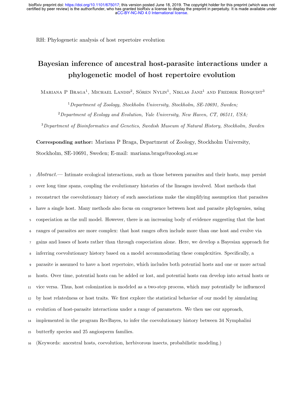 Bayesian Inference of Ancestral Host-Parasite Interactions Under a Phylogenetic Model of Host Repertoire Evolution