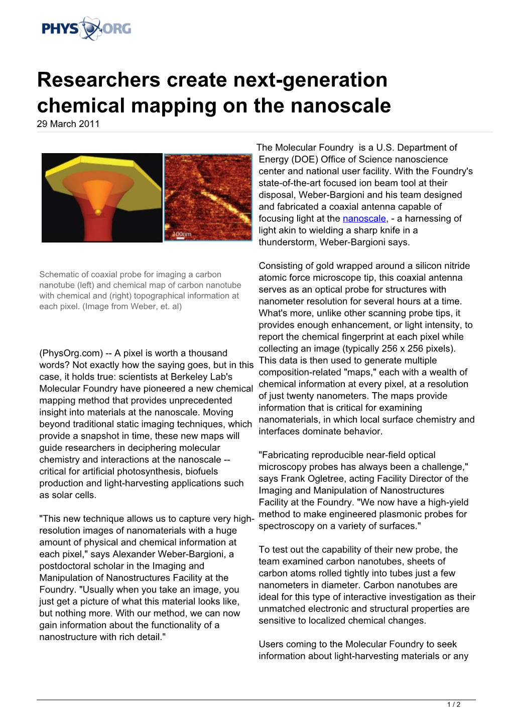 Researchers Create Next-Generation Chemical Mapping on the Nanoscale 29 March 2011