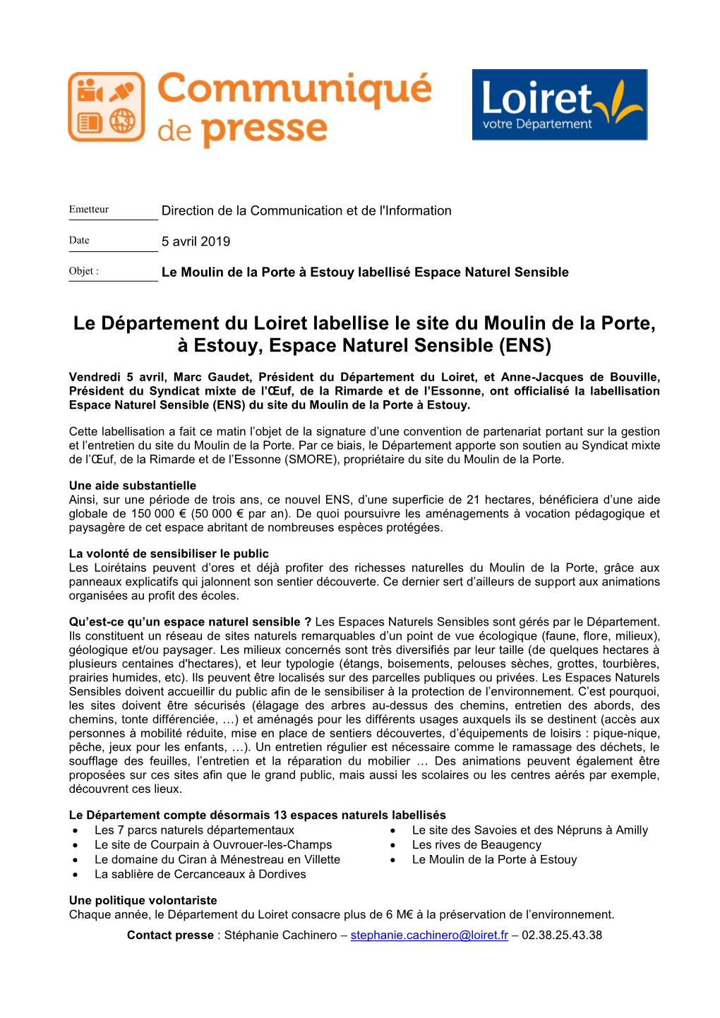 Le Département Du Loiret Labellise Le Site Du Moulin De La Porte, À Estouy, Espace Naturel Sensible (ENS)