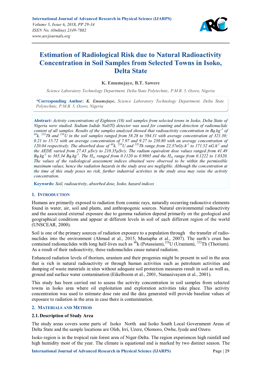 Estimation of Radiological Risk Due to Natural Radioactivity Concentration in Soil Samples from Selected Towns in Isoko, Delta State