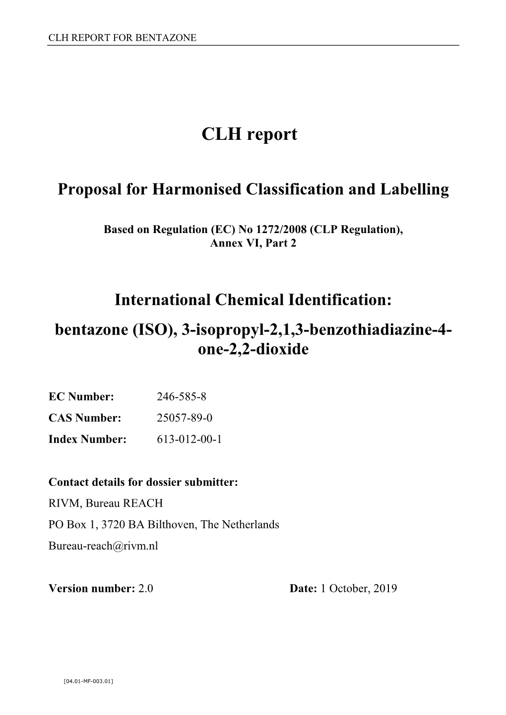 Clh Report for Bentazone