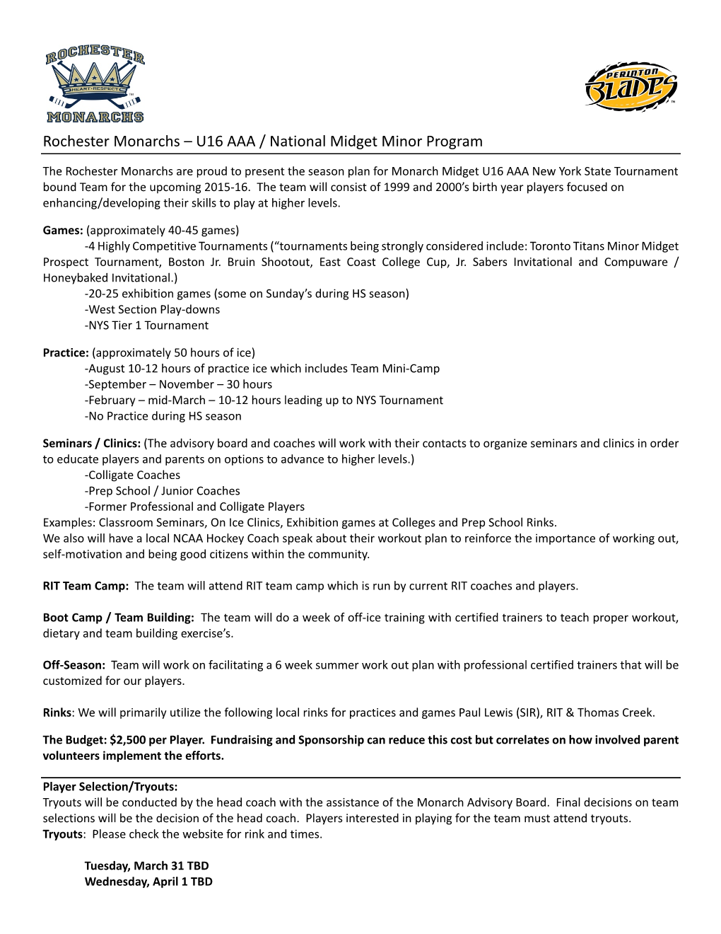 Rochester Monarchs – U16 AAA / National Midget Minor Program